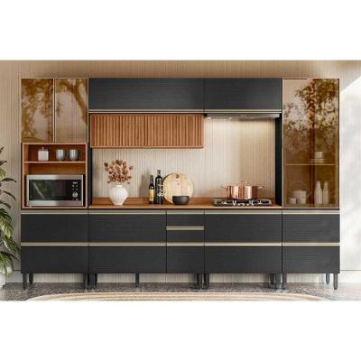 Cozinha Completa Proença 6 Peças (2aéreos+2balcões+1paneleiro+1cristaleira) C6p105 Nogueira-carbono Prime Tx - Demóbile