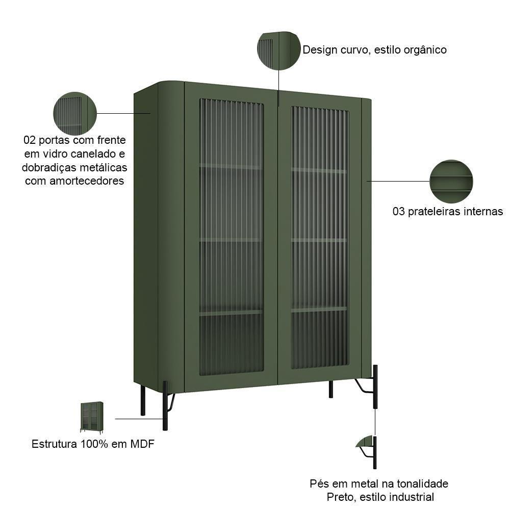 Cristaleira Sala De Jantar 2 Portas Vidro Pés Industrial Preto Naim I03 Musgo - Lyam Decor - 2