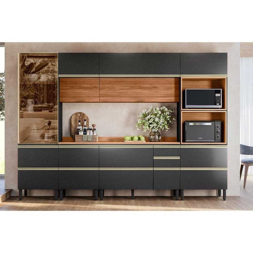 Cozinha Completa Proença 6 Peças (2aéreos+2balcões+1torrequente+1cristaleira) C6p94 Nogueira-carbono Prime Tx - Demóbile - 1