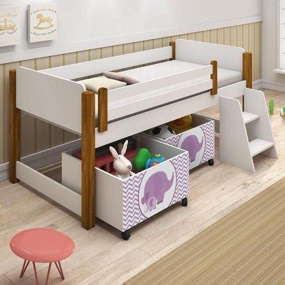 Cama Naty Branco/Mel Com 2 Nichos Adesivadas Filhote Rosa E Escadinha - 1