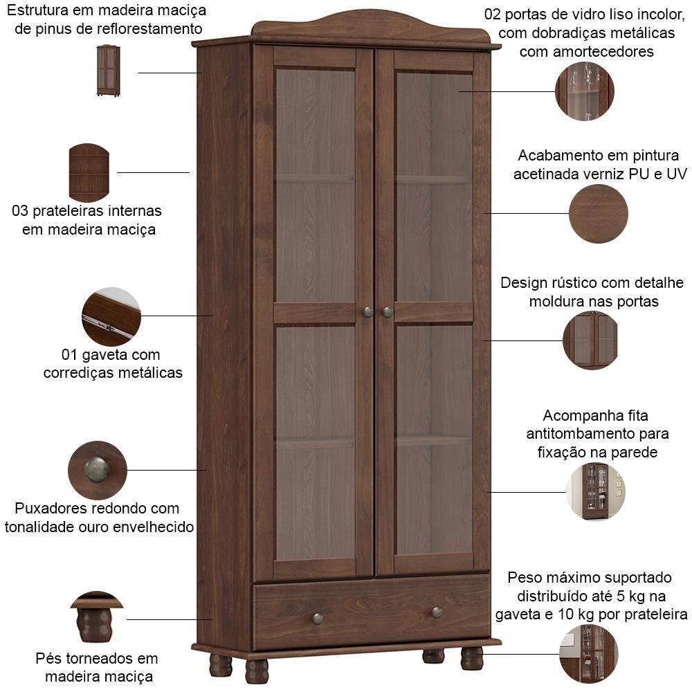Cristaleira Rústica Para Sala De Jantar Bar 2 Portas 1 Gaveta Lazuli F06 Café - Lyam Decor - 4