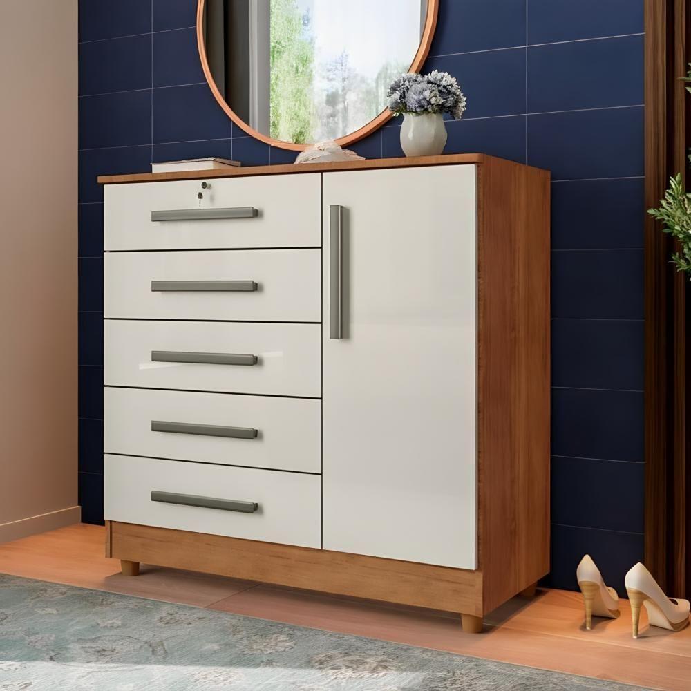 Cômoda Quarto 5 Gavetas 1 Porta Com Chave 2 Divisórias - Cedro Areia - 1
