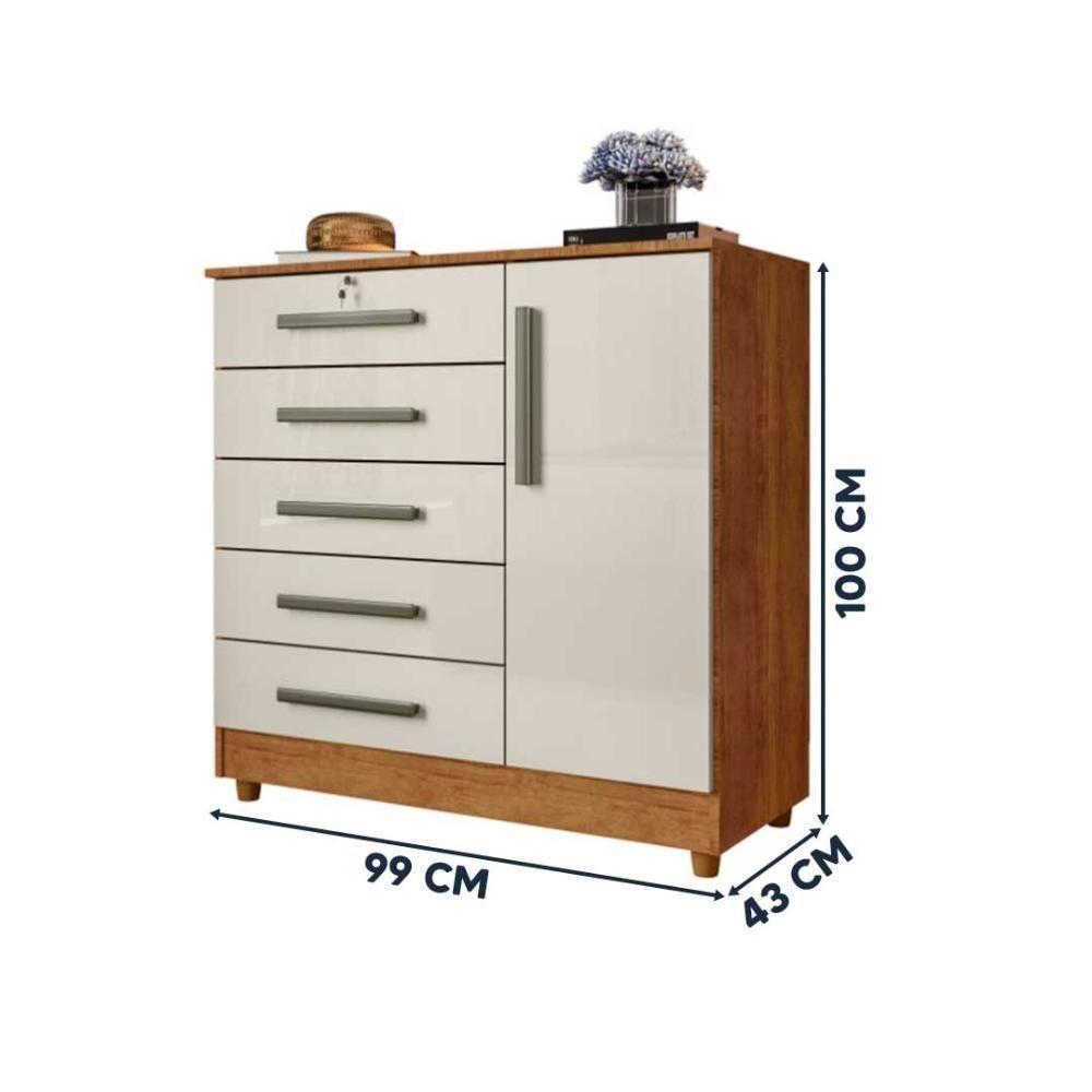 Cômoda Quarto 5 Gavetas 1 Porta Com Chave 2 Divisórias - Cedro Areia - 3