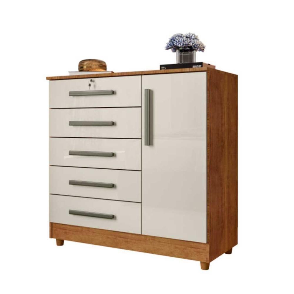 Cômoda Quarto 5 Gavetas 1 Porta Com Chave 2 Divisórias - Cedro Areia - 4