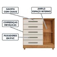 Cômoda Quarto 5 Gavetas 1 Porta Com Chave 2 Divisórias - Cedro Areia - 2