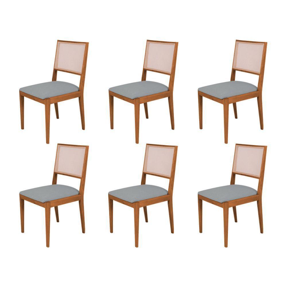 Conjunto Com 6 Cadeiras De Jantar Estofada Suellen Em Madeira E Mdf Cerejeira Linho Cinza - 1