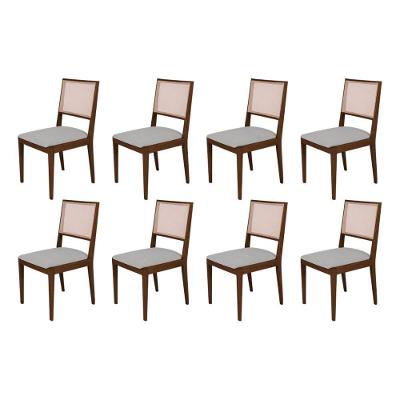 Conjunto Com 8 Cadeiras De Jantar Estofada Suellen Mel Linho Cinza Prata