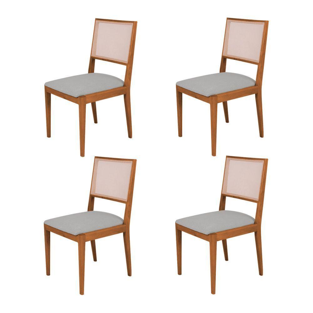 Conjunto Com 4 Cadeiras De Jantar Estofada Suellen Em Madeira E Mdf Cerejeira Linho Cinza Prata - 1