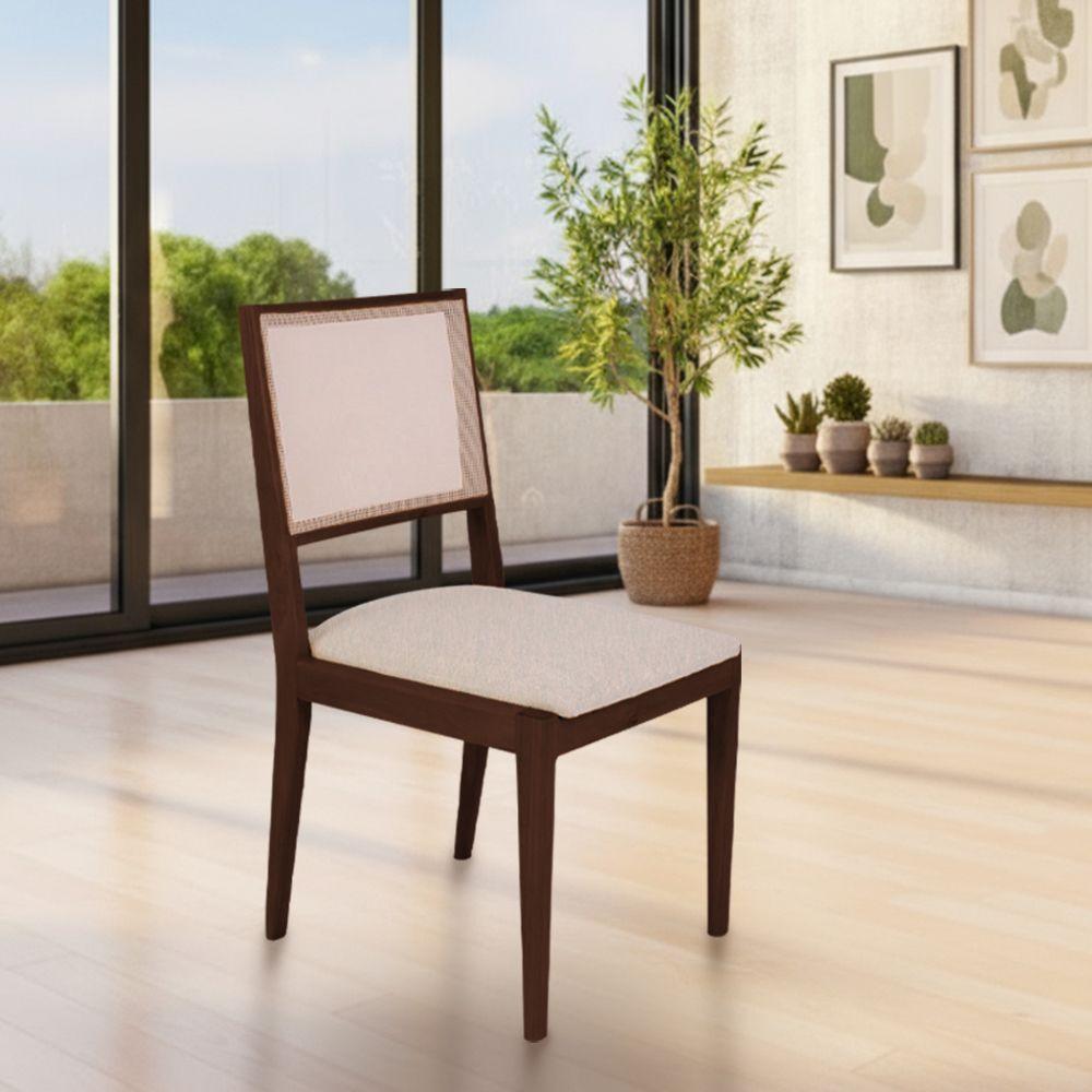 Conjunto Com 8 Cadeiras De Jantar Estofada Suellen Em Madeira E Mdf Castanho Linho Bege - 2