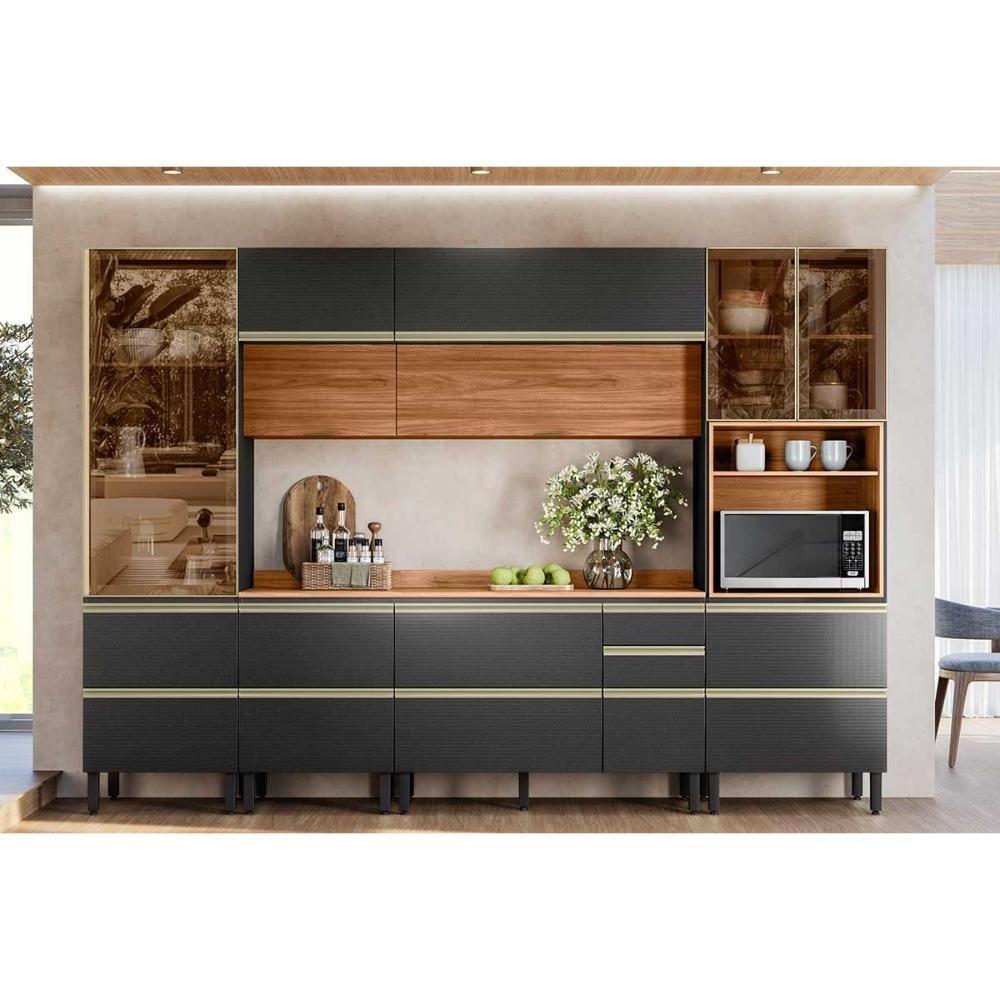 Cozinha Completa Proença 6 Peças (2aéreos+2balcões+1paneleiro+1cristaleira) C6p97 Nogueira-carbono Prime Tx - Demóbile - 1