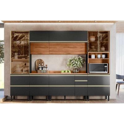 Cozinha Completa Proença 6 Peças (2aéreos+2balcões+1paneleiro+1cristaleira) C6p97 Nogueira-carbono Prime Tx - Demóbile