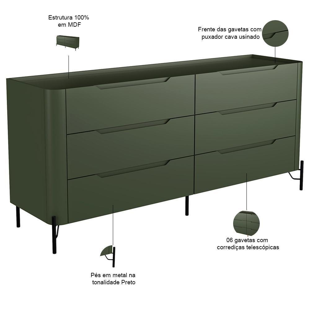 Cômoda Para Quarto Closet Orgânica 6 Gavetas Pés Industrial Preto Bliss I03 Musgo - Lyam Decor - 2