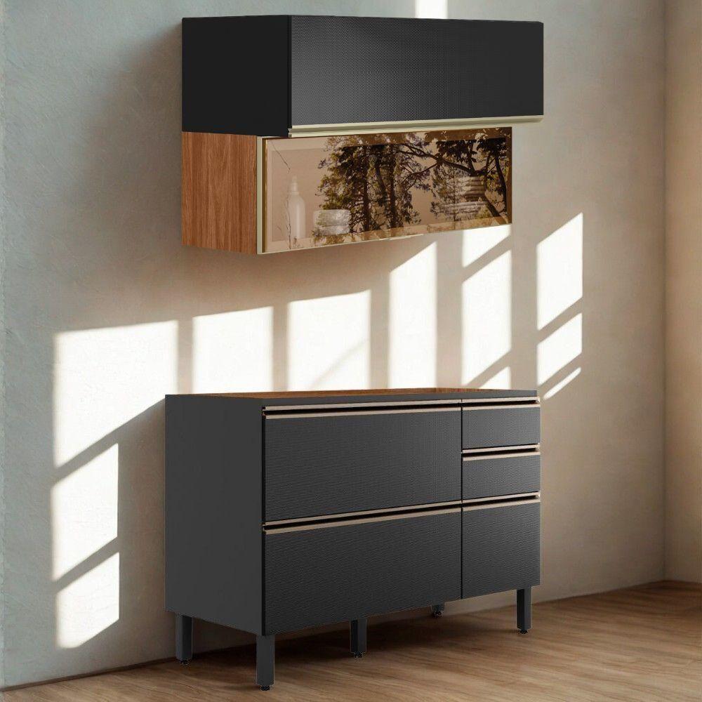 Balcao Pia E Armario Aereo Vidro 120 Cm Proenca Nogueira Carbono Prime Demartez Nogueira Carbono Prime - 2