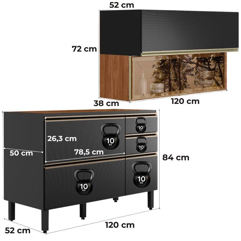 Balcao Pia E Armario Aereo Vidro 120 Cm Proenca Nogueira Carbono Prime Demartez Nogueira Carbono Prime - 3