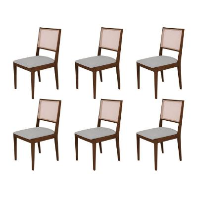 Conjunto Com 6 Cadeiras De Jantar Estofada Suellen Mel Linho Cinza Prata