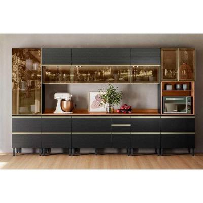 Cozinha Completa Proença 8 Peças (3aéreos+3balcões+1paneleiro+1cristaleira) C8p75 Nogueira-carbono Prime Tx - Demóbile