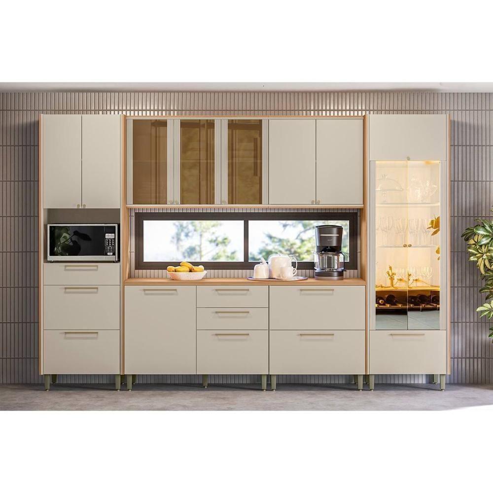 Cozinha Completa Atena 6 Peças (2aéreos+2balcões+1cristaleira+1paneleiro) Cp03 Jequitiba-off White Fosco - Linea Brasil - 1