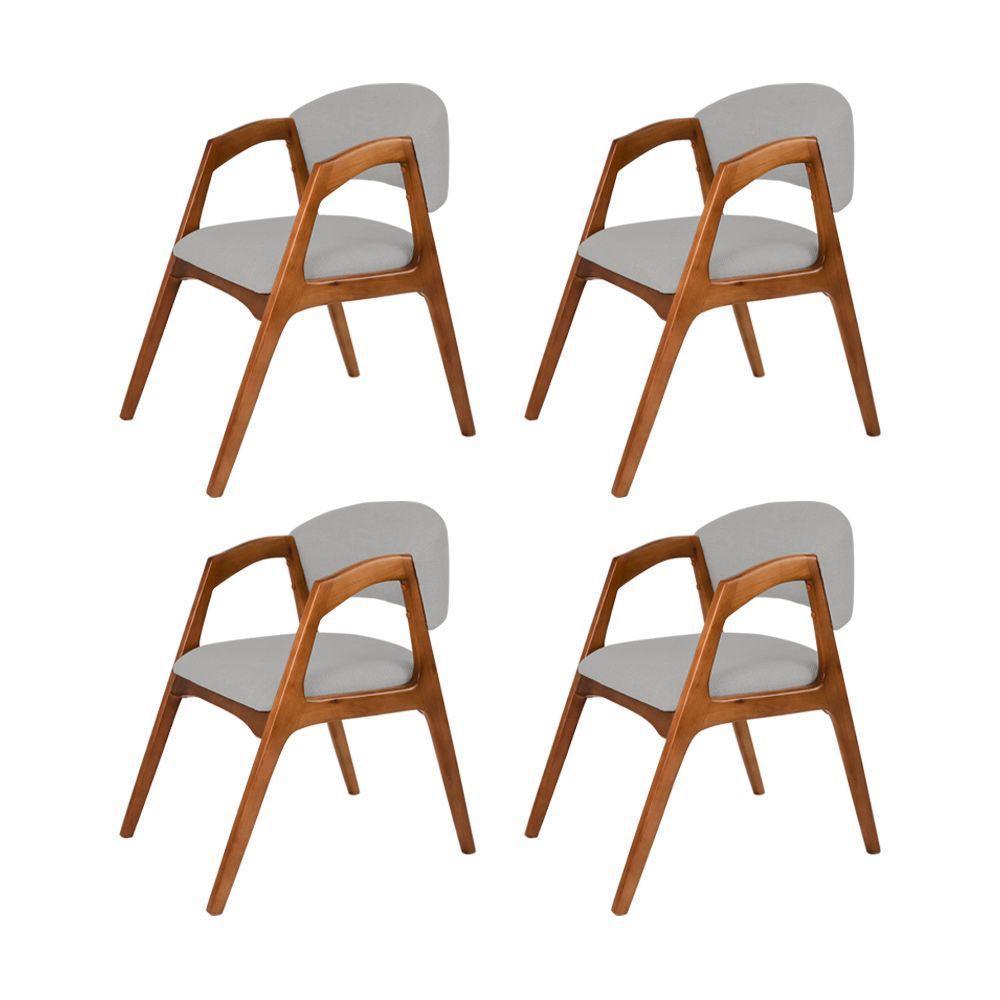 Conjunto Com 4 Cadeiras De Jantar Estofada Gabriela Em Madeira E Mdf Cerejeira Linho Cinza Prata - 1