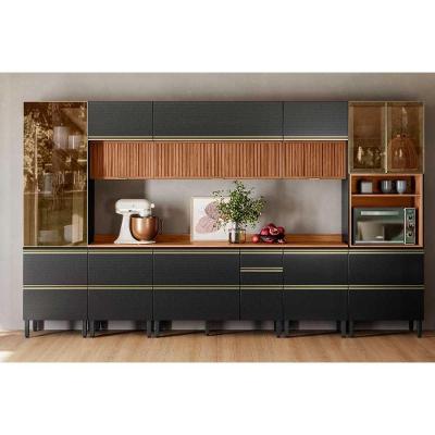 Cozinha Completa Proença 8 Peças (3aéreos+3balcões+1paneleiro+1cristaleira) C8p76 Nogueira-carbono Prime Tx - Demóbile