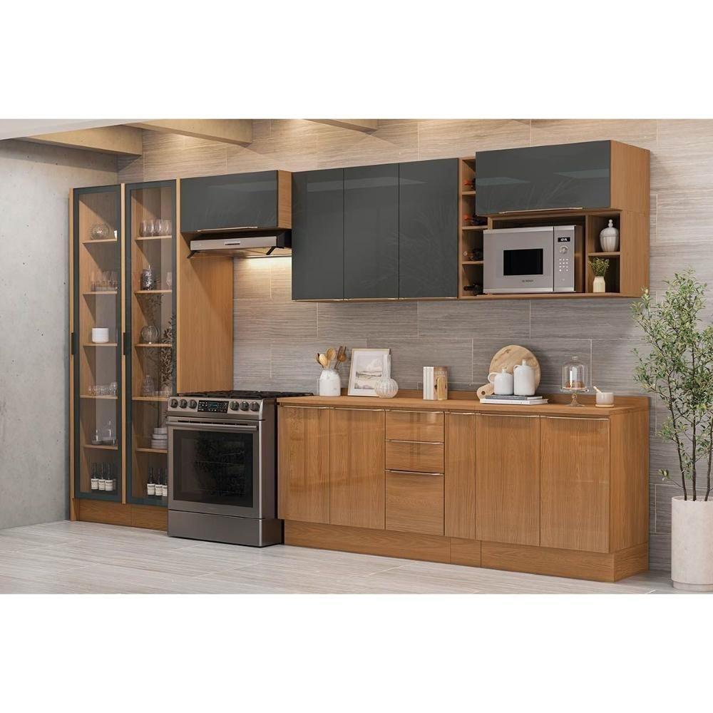 Cozinha Completa Vibra 13 Peças (3aéreos+3balcões+2paneleiros+5complementos) C13p3 Canela-grafite Lacca - Kappesberg - 1