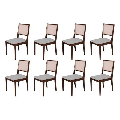 Conjunto Com 8 Cadeiras De Jantar Estofada Suellen Castanho Linho Cinza Prata