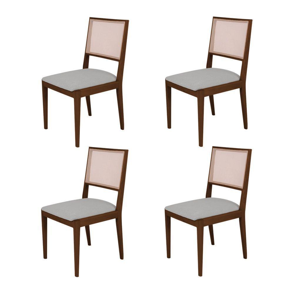 Conjunto Com 4 Cadeiras De Jantar Estofada Suellen Em Madeira E Mdf Mel Linho Cinza Prata - 1