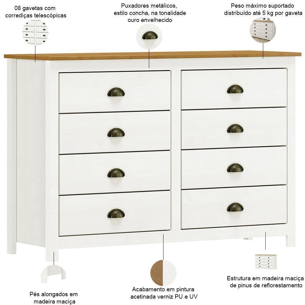 Cômoda Para Quarto Closet 8 Gavetas Madeira Maciça Mazzaro F06 Branco Freijó - Lyam Decor - 3