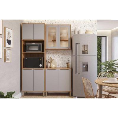 Cozinha Completa Brilhante 3 Peças 8 Portas MDF 80cm Amadeirado com Nicho para Forno