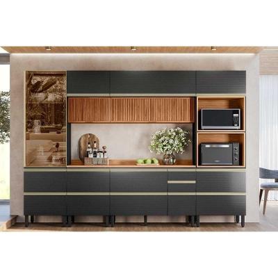 Cozinha Completa Proença 6 Peças (2aéreos+2balcões+1torrequente+1cristaleira) C6p96 Nogueira-carbono Prime Tx - Demóbile
