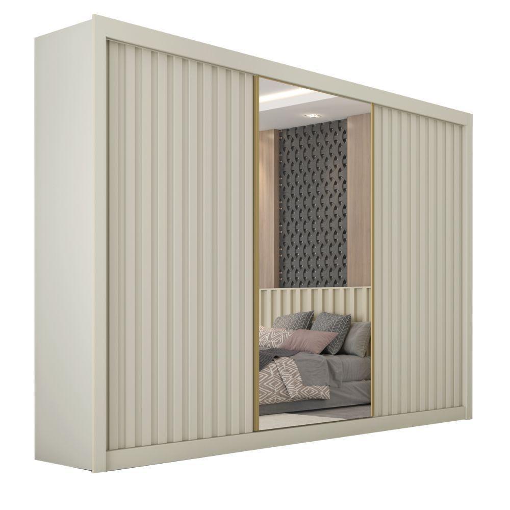 Guarda Roupas Casal 3 Portas De Correr Com Espelho Ripado 100% Mdf 6 Gavetas Dublin Off White - 1