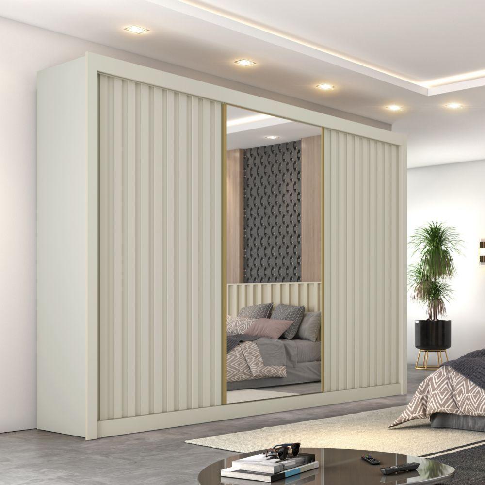 Guarda Roupas Casal 3 Portas De Correr Com Espelho Ripado 100% Mdf 6 Gavetas Dublin Off White - 2