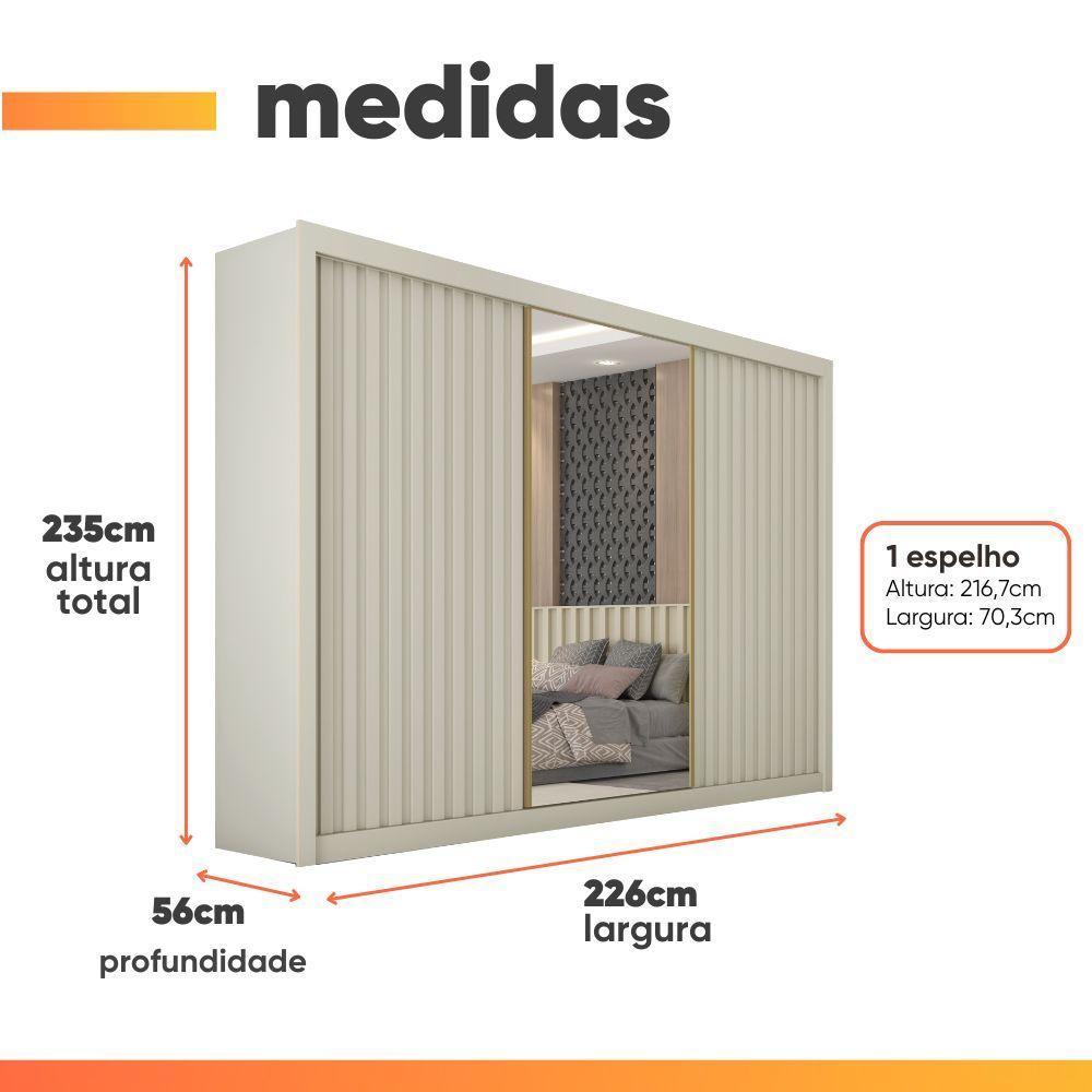 Guarda Roupas Casal 3 Portas De Correr Com Espelho Ripado 100% Mdf 6 Gavetas Dublin Off White - 3
