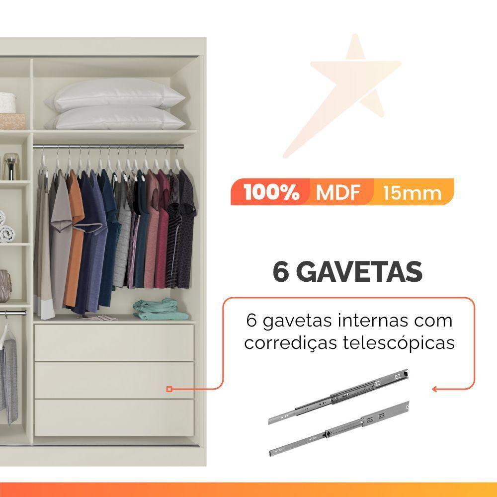 Guarda Roupas Casal 3 Portas De Correr Com Espelho Ripado 100% Mdf 6 Gavetas Dublin Off White - 6