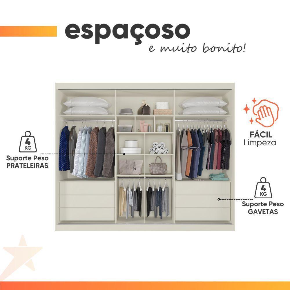 Guarda Roupas Casal 3 Portas De Correr Com Espelho Ripado 100% Mdf 6 Gavetas Dublin Off White - 10