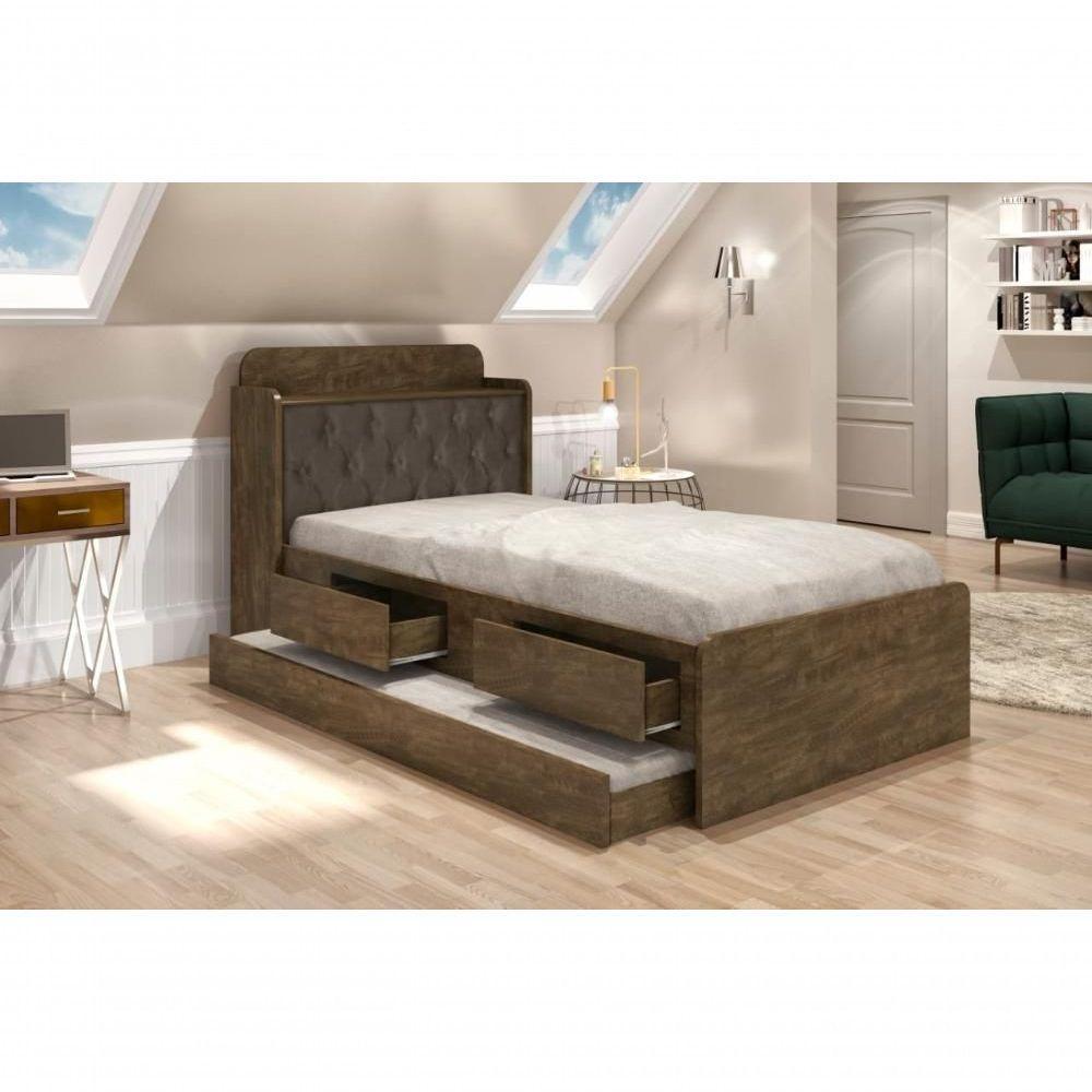 Cama Tamires Solteiro 0,88cm Com Auxiliar Castanho Com Capitonê Nogal Dois Colchões- Cambel - 1