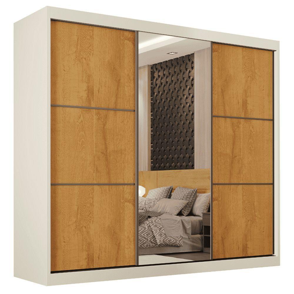 Guarda Roupas Casal 3 Portas De Correr Com Espelho 100% Mdf Flex 6 Gavetas Argel Off White / Madeirado - 1