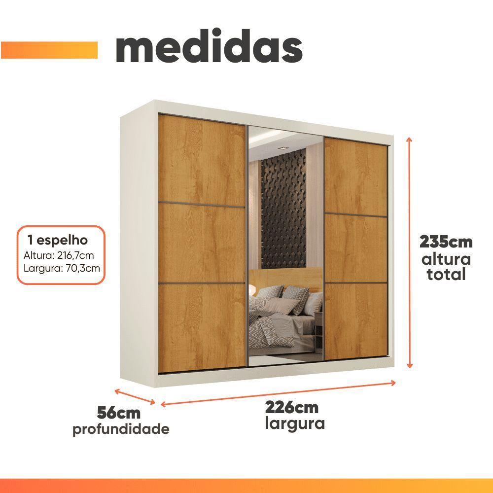 Guarda Roupas Casal 3 Portas De Correr Com Espelho 100% Mdf Flex 6 Gavetas Argel Off White / Madeirado - 3