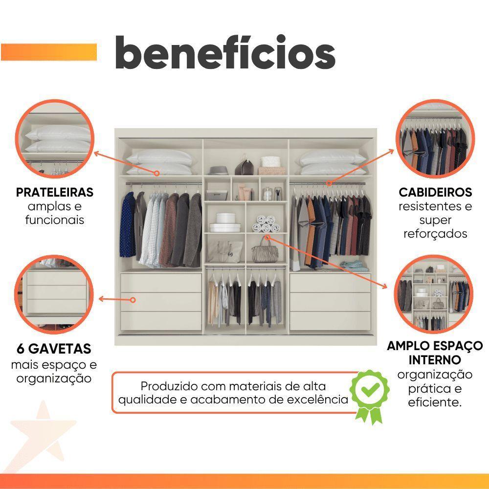 Guarda Roupas Casal 3 Portas De Correr Com Espelho 100% Mdf Flex 6 Gavetas Argel Off White / Madeirado - 4