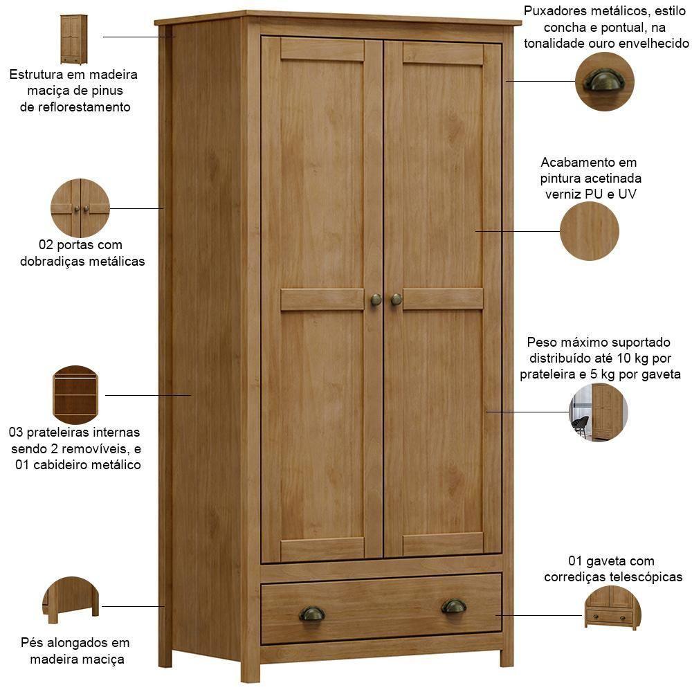 Guarda Roupa Solteiro 2 Portas 1 Gaveta Madeira Maciça Mazzaro F06 Freijó - Lyam Decor - 4