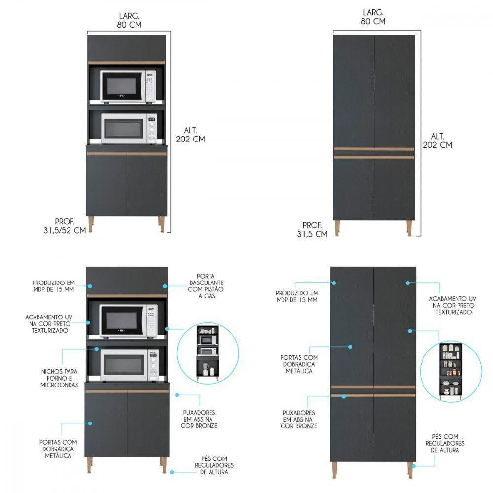 Kit 2 Armários Para Cozinha Multiuso Forno/micro Menu Móveis Preto - 2