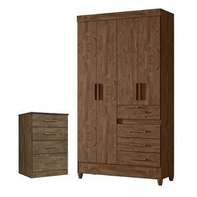 Guarda Roupa Solteiro e Cômoda Sobral Ms913 4 Portas 4 Gavetas em Mdp Castanho Wood Fosco