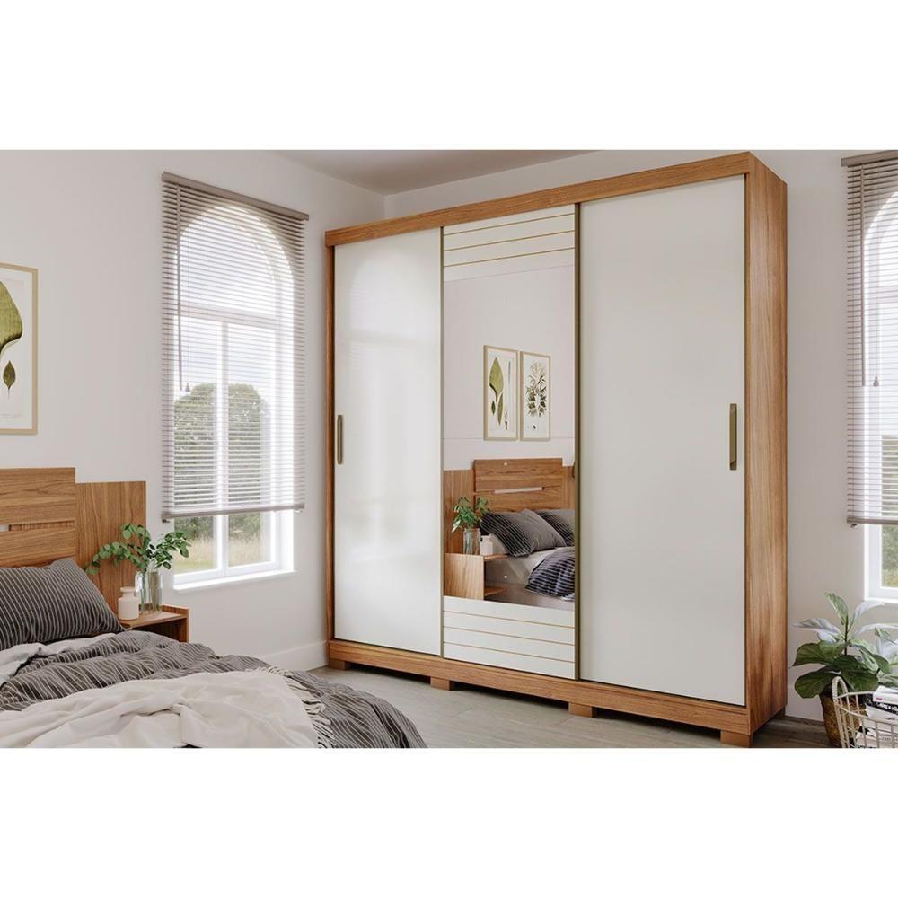 Guarda Roupas 3 Portas De Correr De (1 C- Espelho) E 4 Gavetas Búzios Avelã-off White - Panan - 1