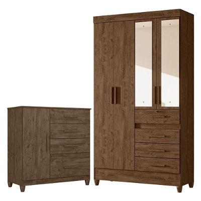 Guarda Roupa Solteiro Sobral com Espelho e Cômoda Vênus 4 Portas 4 Gavetas MDP Castanho Wood Fosco