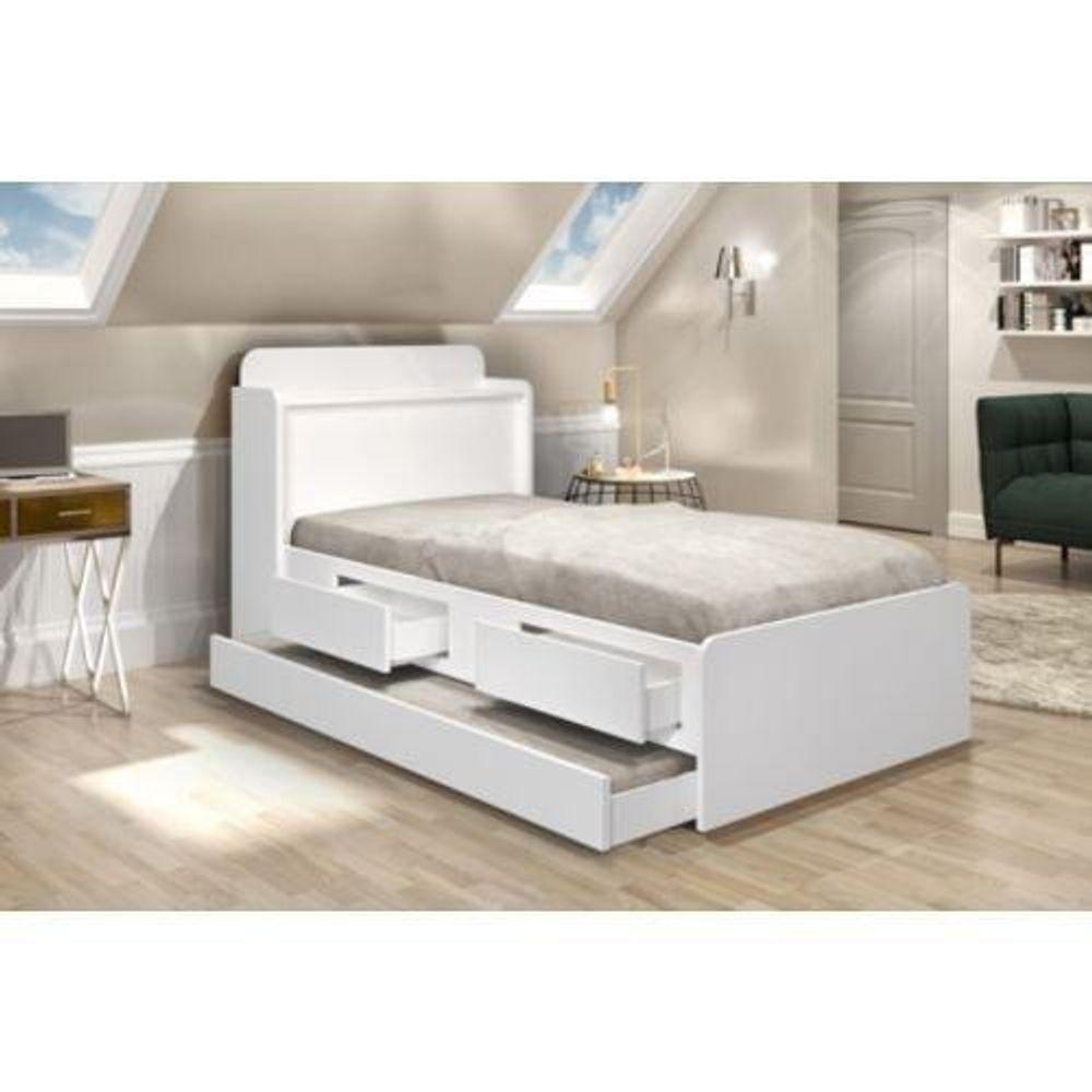 Cama Solteiro Tamires Baú Branco E Com Auxiliar - 1