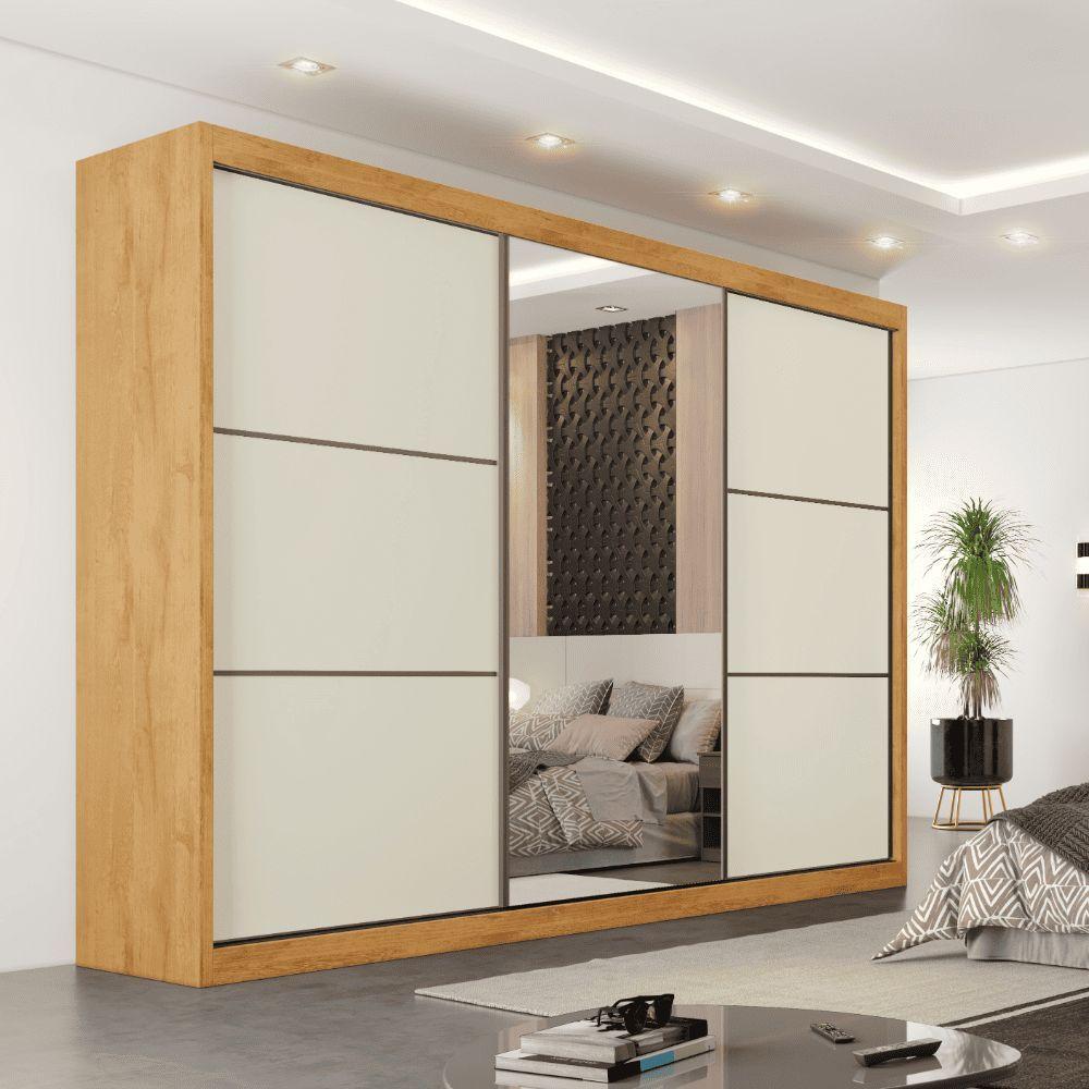 Guarda Roupas Casal 3 Portas De Correr Com Espelho 100% Mdf Flex 6 Gavetas Argel Madeirado/off White - 2
