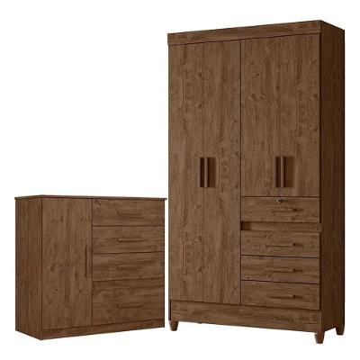 Guarda Roupa Solteiro e Cômoda Sobral Vênus 4 Portas de Bater 4 Gavetas MDP Castanho Wood