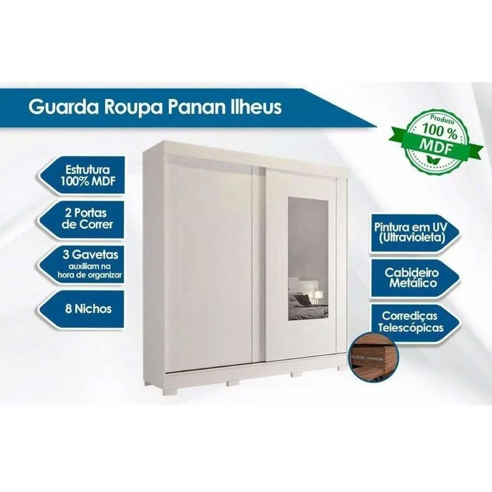 Guarda Roupas 2 Portas De Correr (1 C- Espelho) E 8 Gavetas Ilheus Branco - Panan - 2