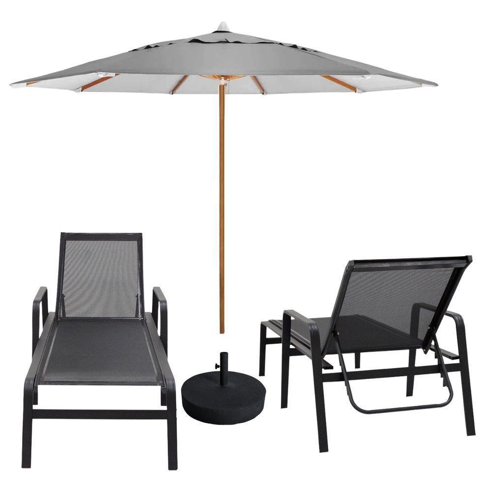 Kit 2 Espreguiçadeiras Piscina Sevilha + Guarda Sol Praia Com Base Preto - 1
