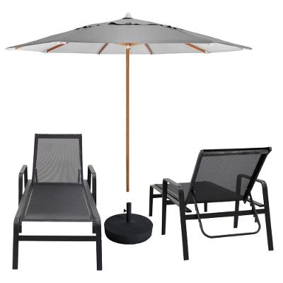 Kit 2 Espreguiçadeiras Piscina Sevilha + Guarda Sol Praia Com Base Preto