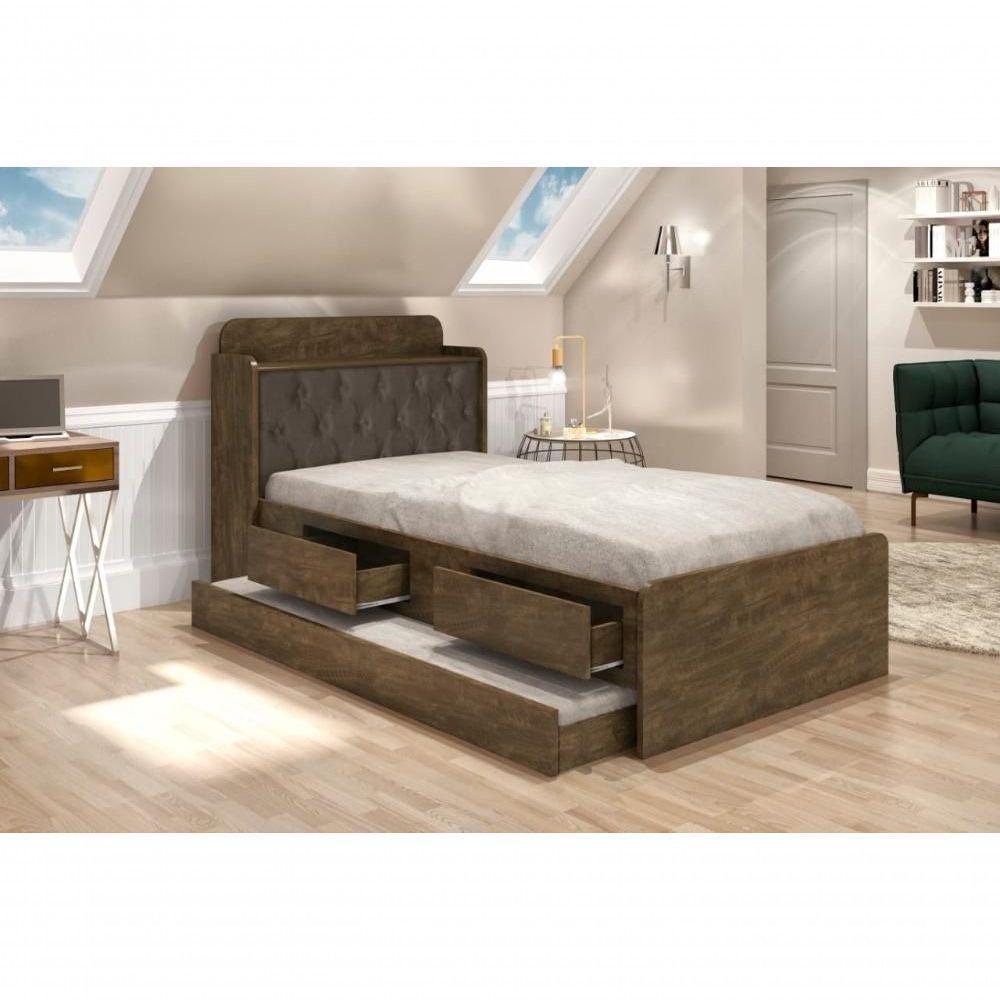 Cama Tamires Solteiro 0,88cm Com Auxiliar Castanho Com Capitonê Nogal - Cambel - 1